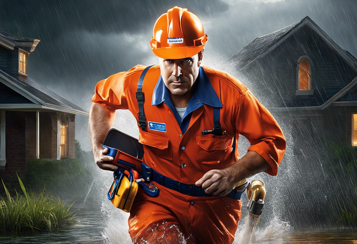 An image of a plumber rushing to a flooded home, wearing a bright orange uniform and carrying a toolbox, while rain pours down and lightning strikes in the background