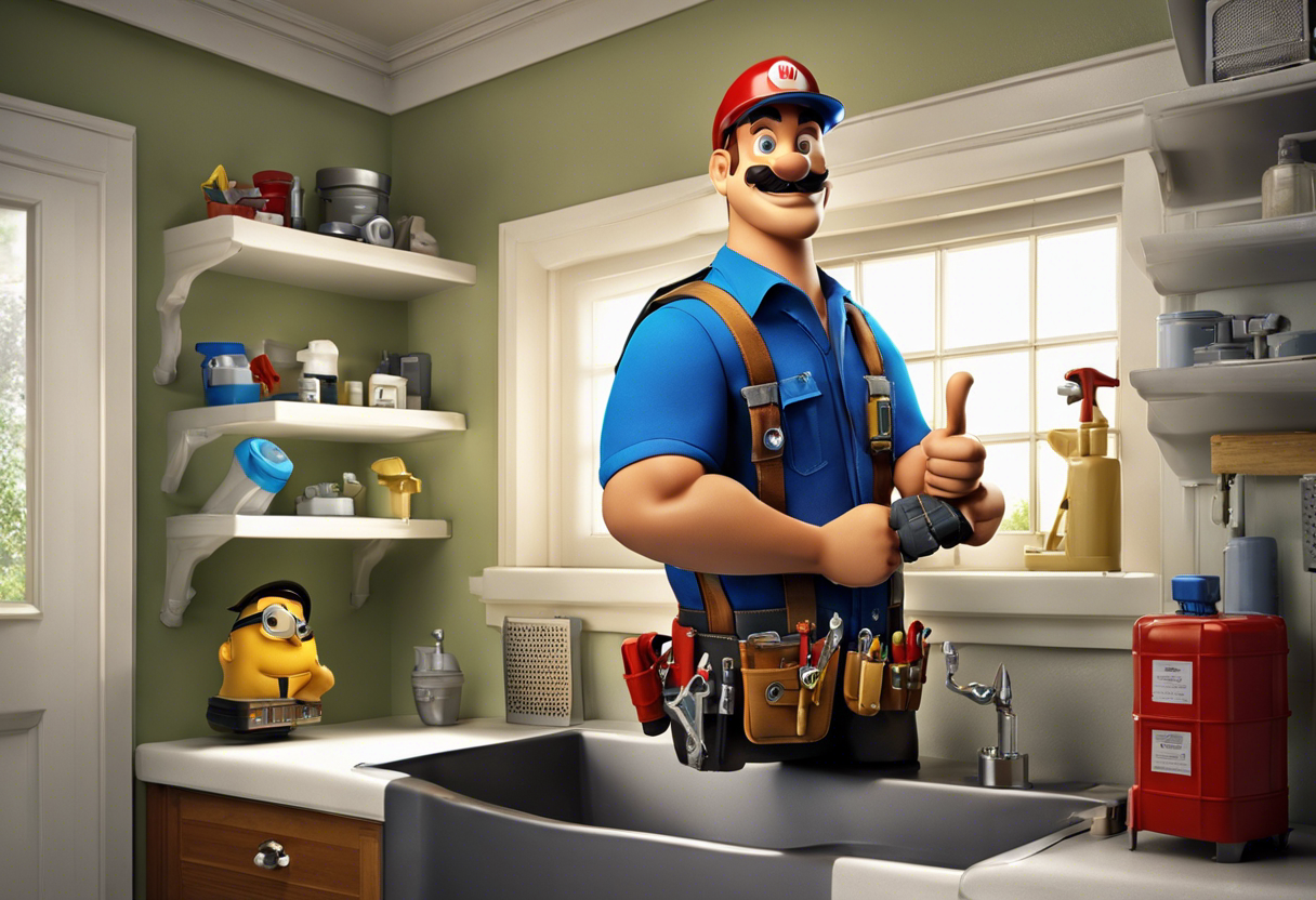 An image of a plumber with a tool belt and toolbox, standing in front of a sink and toilet
